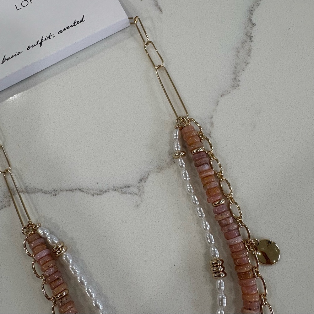 LOFT Pink Pearl & Gold Layered Pendant Necklace with Delicate Chains - Picture 6 of 10